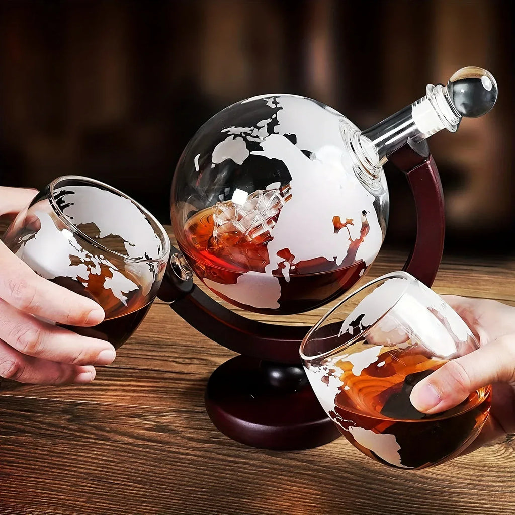 Globe Juice Dispenser with 4 Glasses & Wooden Rack