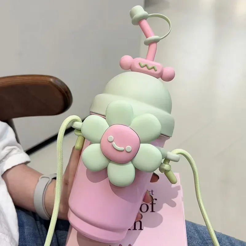 Cartoon Vacuum Straw Cup – Stainless Steel with Carry Rope