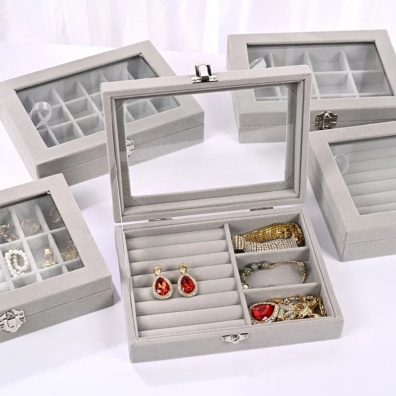 Velvet Jewelry Storage Organizer - Luxury Glass Lid Ring & Necklace Box (Random color)