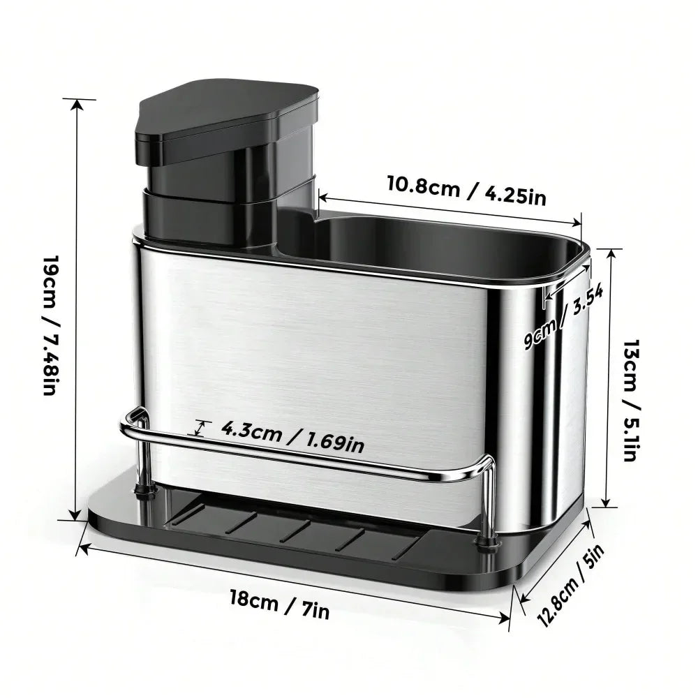 3-in-1 Stainless Steel Kitchen Soap Dispenser with Sponge Holder & Sink Organizer