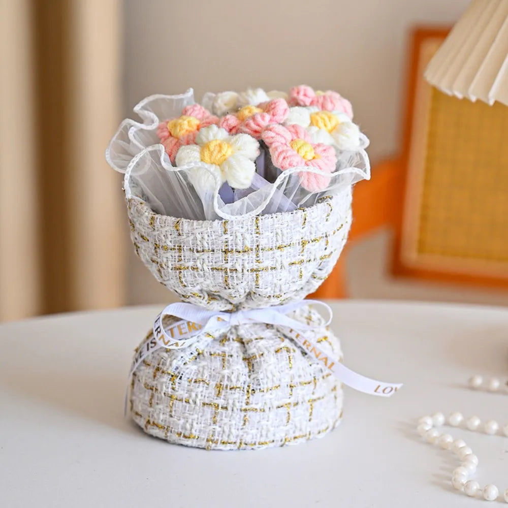 Wool Knitted Puff Flower Bouquet – Handmade Decor