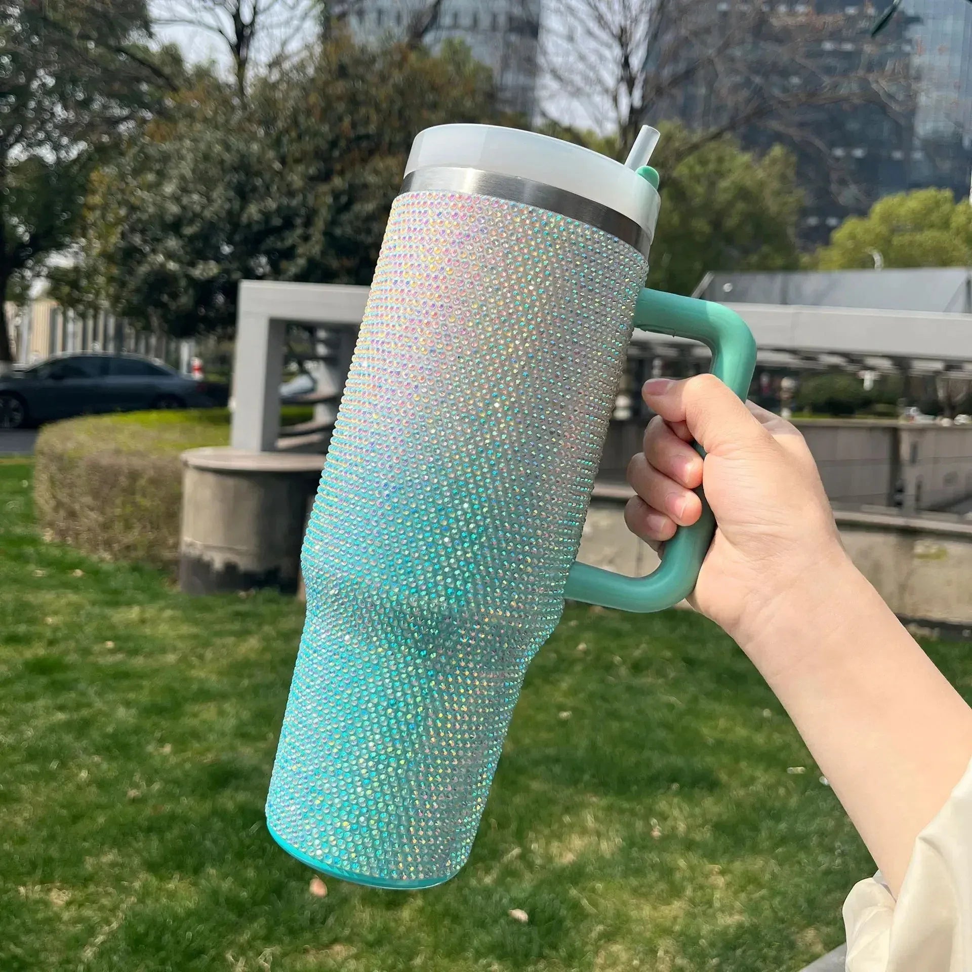 40oz Rhinestone Double Shade Tumbler with Handle (Random color)