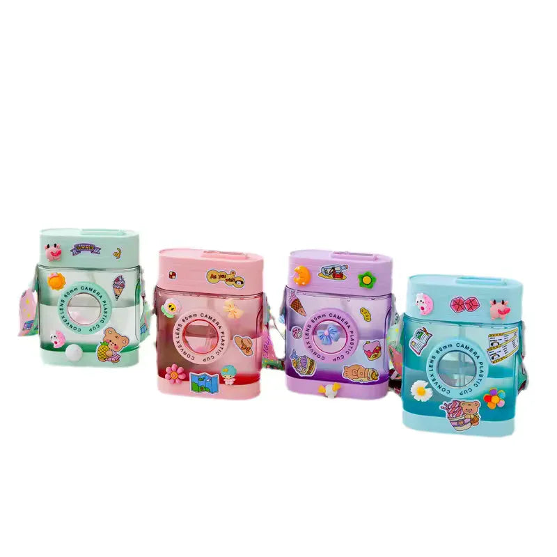 400ml Camera-Shaped Water Bottle – Kawaii Straw Bottle with Strap