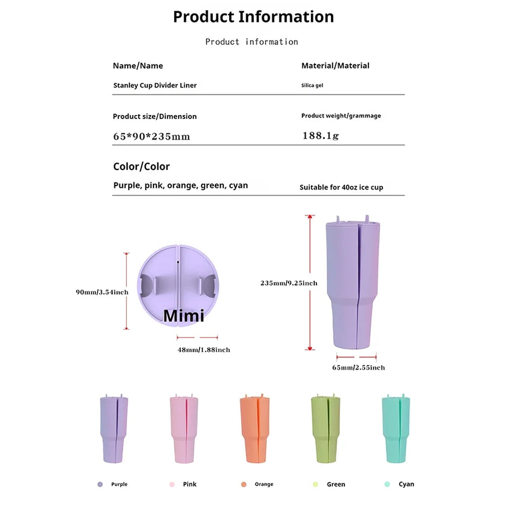 Silicone Water Bottle Liner Drink Divider - Double-Flavor Insert for 40oz Tumblers