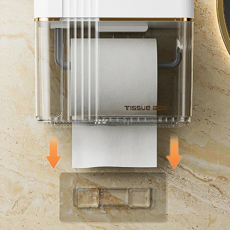 Punch-Free Toilet Paper Holder Box – Waterproof Bathroom Tissue Organizer with Storage Shelf