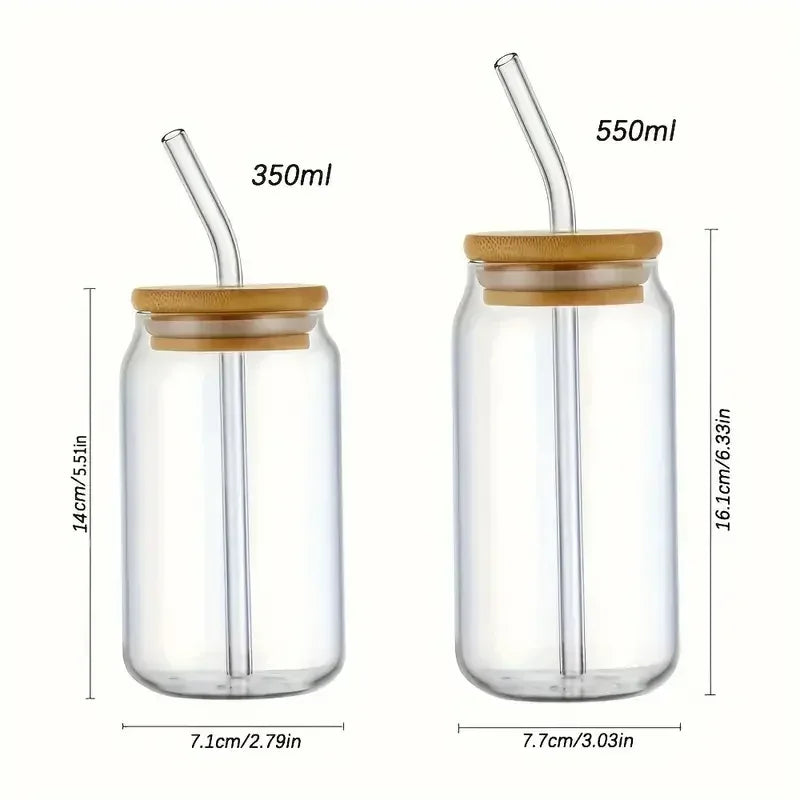 Glass Cup with Bamboo Lid & Straw – 350ml Mason Jar