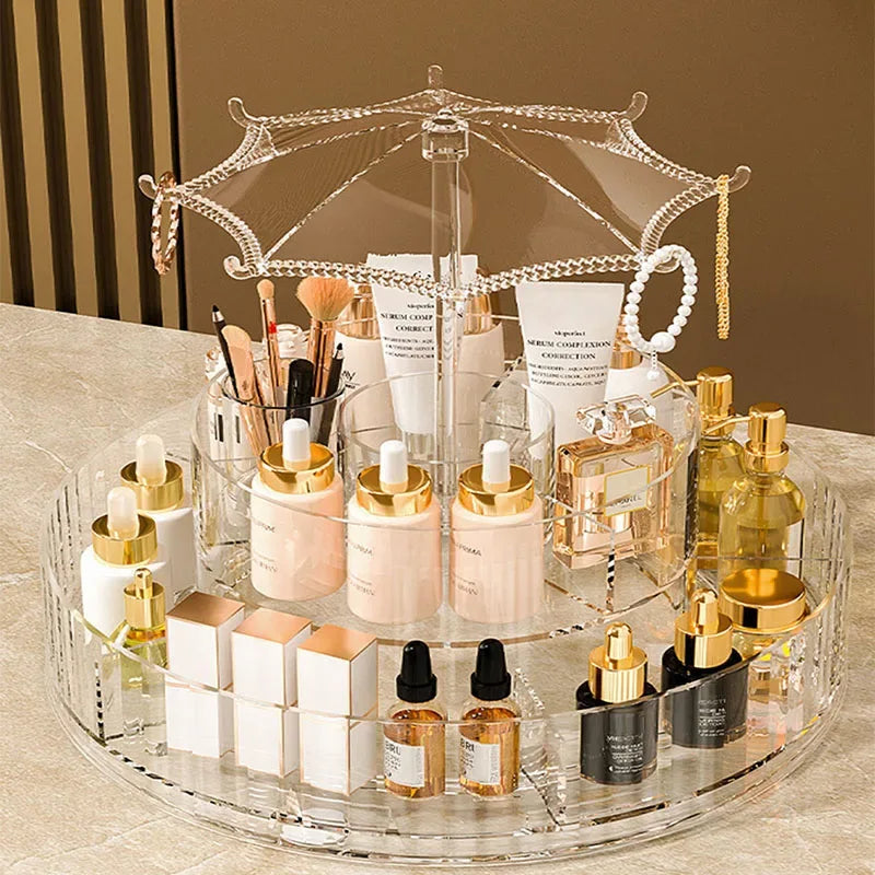 360° Rotating Umbrella Makeup Organizer – Multi-Layer Storage