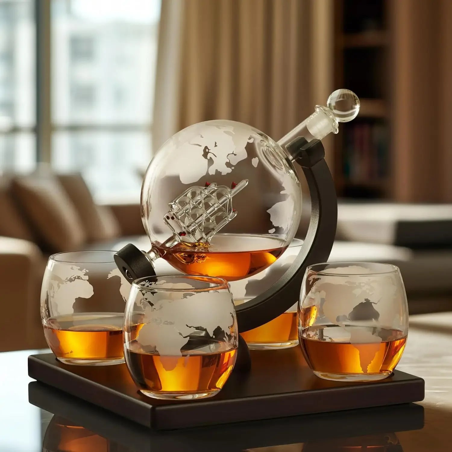 Globe Juice Dispenser with 4 Glasses & Wooden Rack