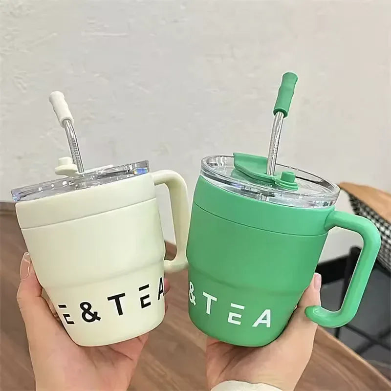 Stainless Steel Straw Lid Bottle 480ml – Hot & Cold Thermos (Random Color)