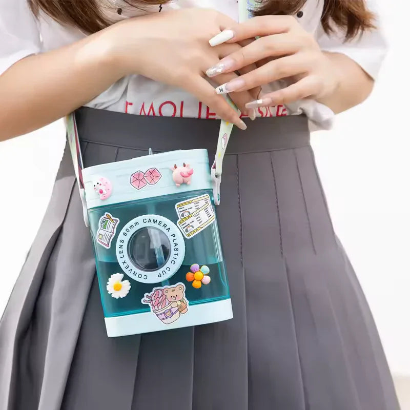 400ml Camera-Shaped Water Bottle – Kawaii Straw Bottle with Strap