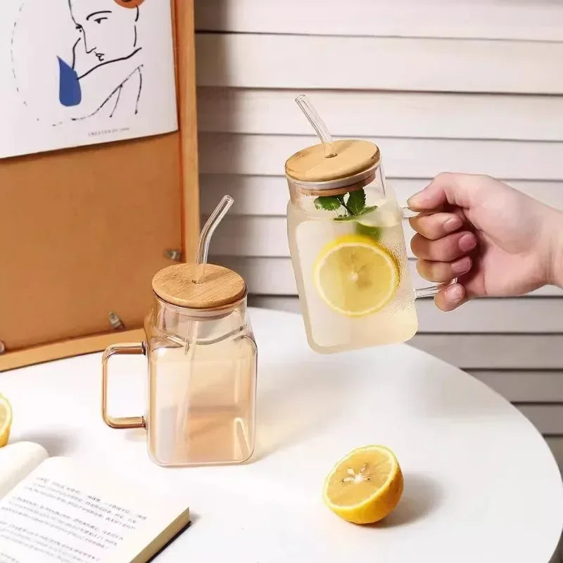 Square Mason Jar with Straw – Glass Drinking Cup (620ml)