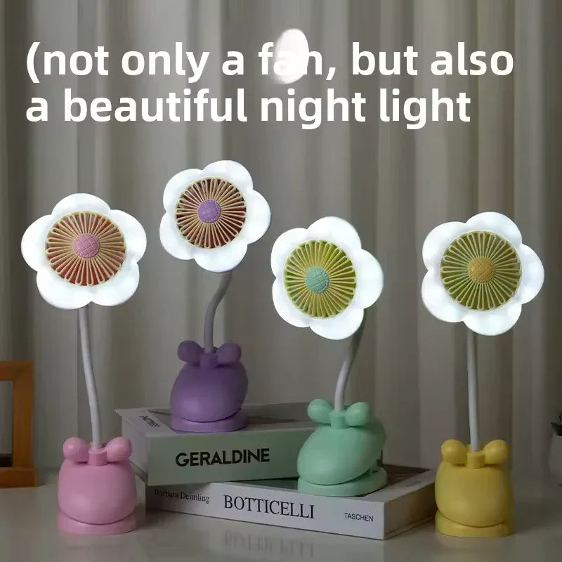 USB Rechargeable Flower Clip-on Fan – 360° Rotation with LED (Random Color)