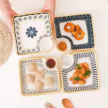 Premium Ceramic Square Serving Tray with Built in Corner Dipping Station