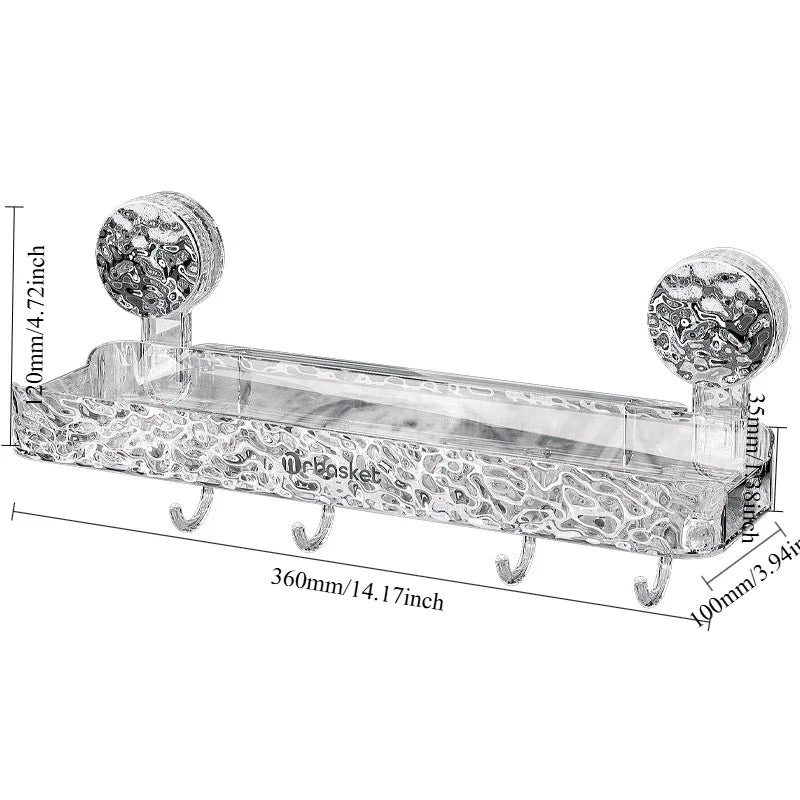 Suction Cup Shower Shelf With Hooks – Heavy-Duty Transparent Organizer