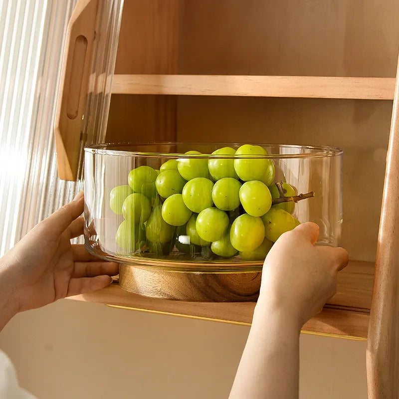 Japanese Style Glass Fruit Plate Holder with Wood Base