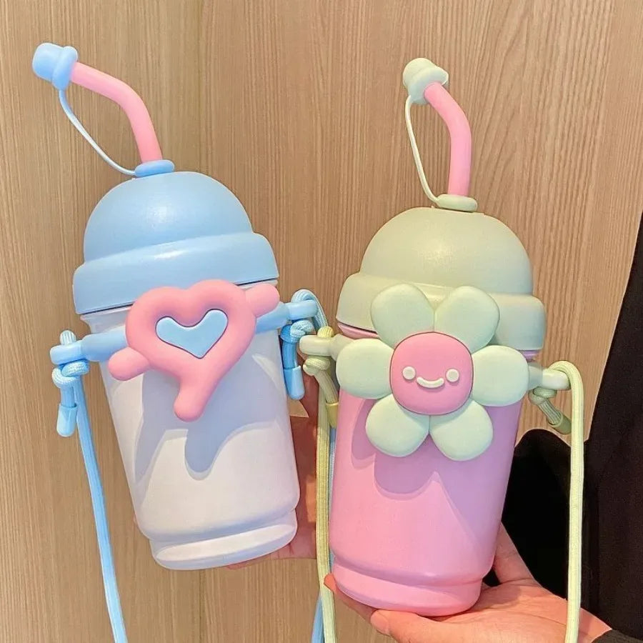 Cartoon Vacuum Straw Cup – Stainless Steel with Carry Rope