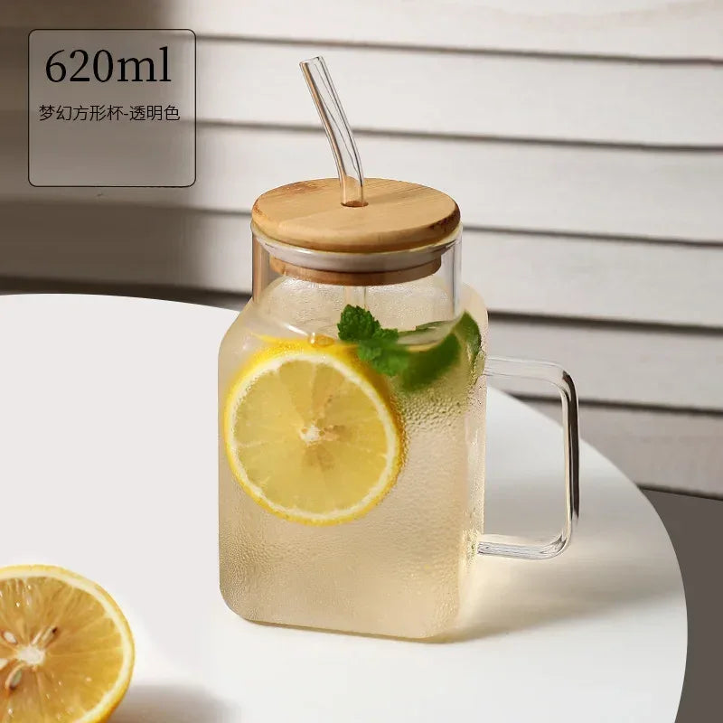 Square Mason Jar with Straw – Glass Drinking Cup (620ml)