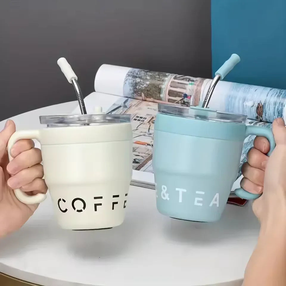 Stainless Steel Straw Lid Bottle 480ml – Hot & Cold Thermos (Random Color)