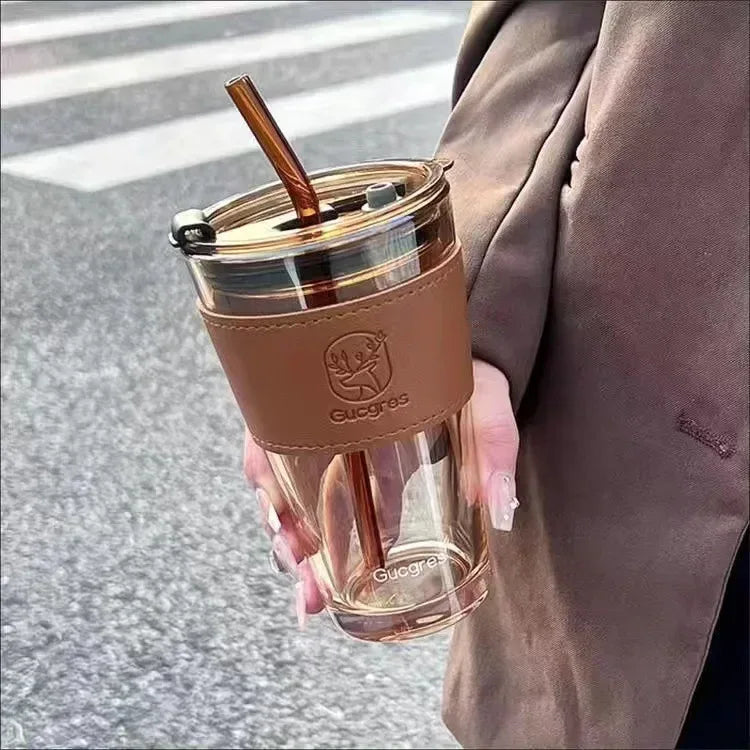 Glass Water Cup with Straw & Leather Handle Sleeve – High Aesthetic Coffee Mug (Random Color)
