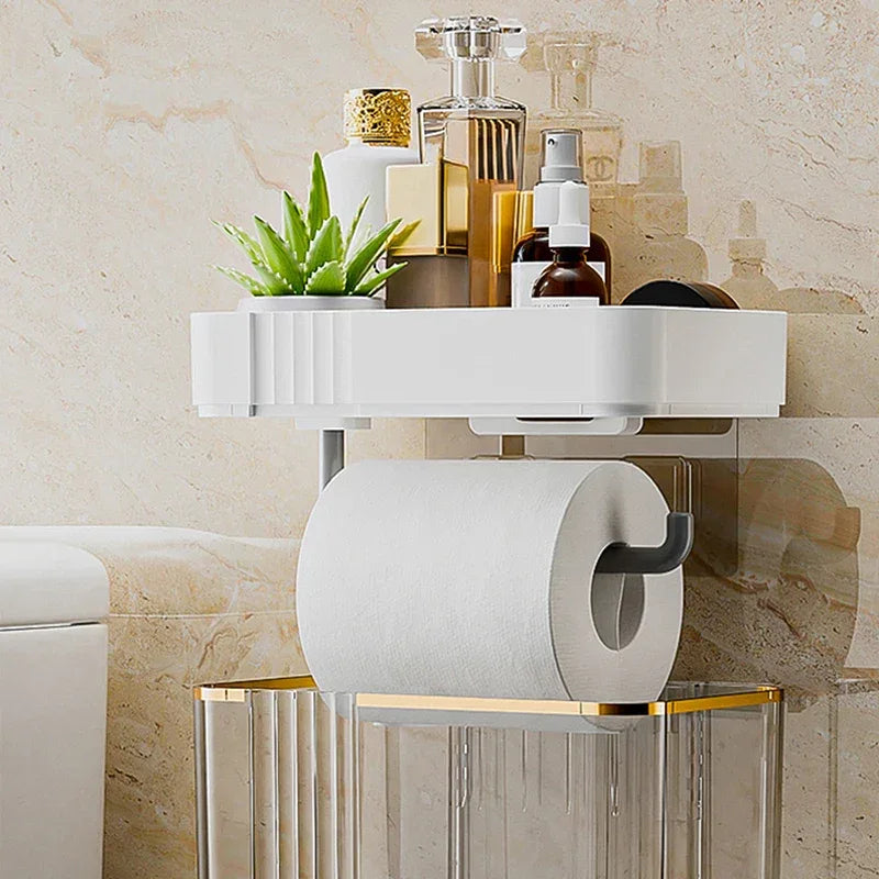 Punch-Free Toilet Paper Holder Box – Waterproof Bathroom Tissue Organizer with Storage Shelf