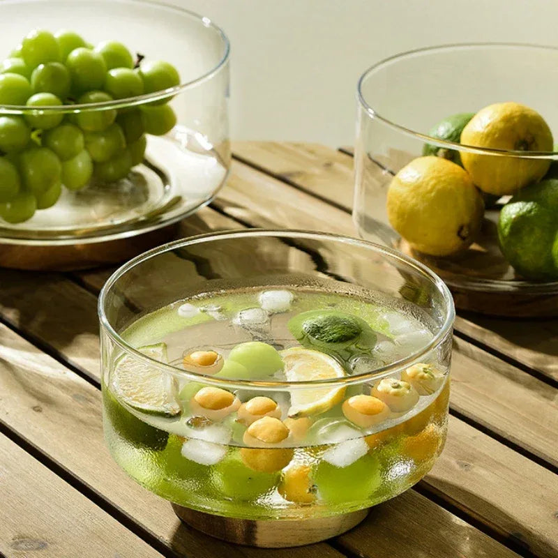 Japanese Style Glass Fruit Plate Holder with Wood Base