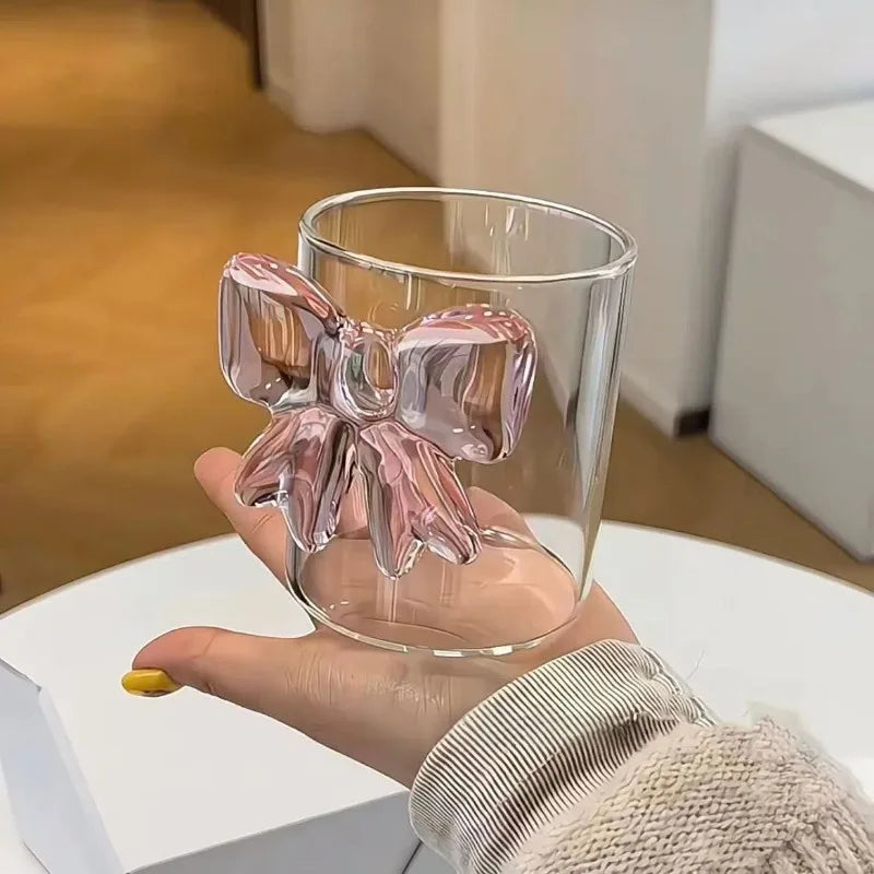 Luxury 3D Pink Bow Crystal Glass Mug - Elegant Coquette-Style Tea & Coffee Cup