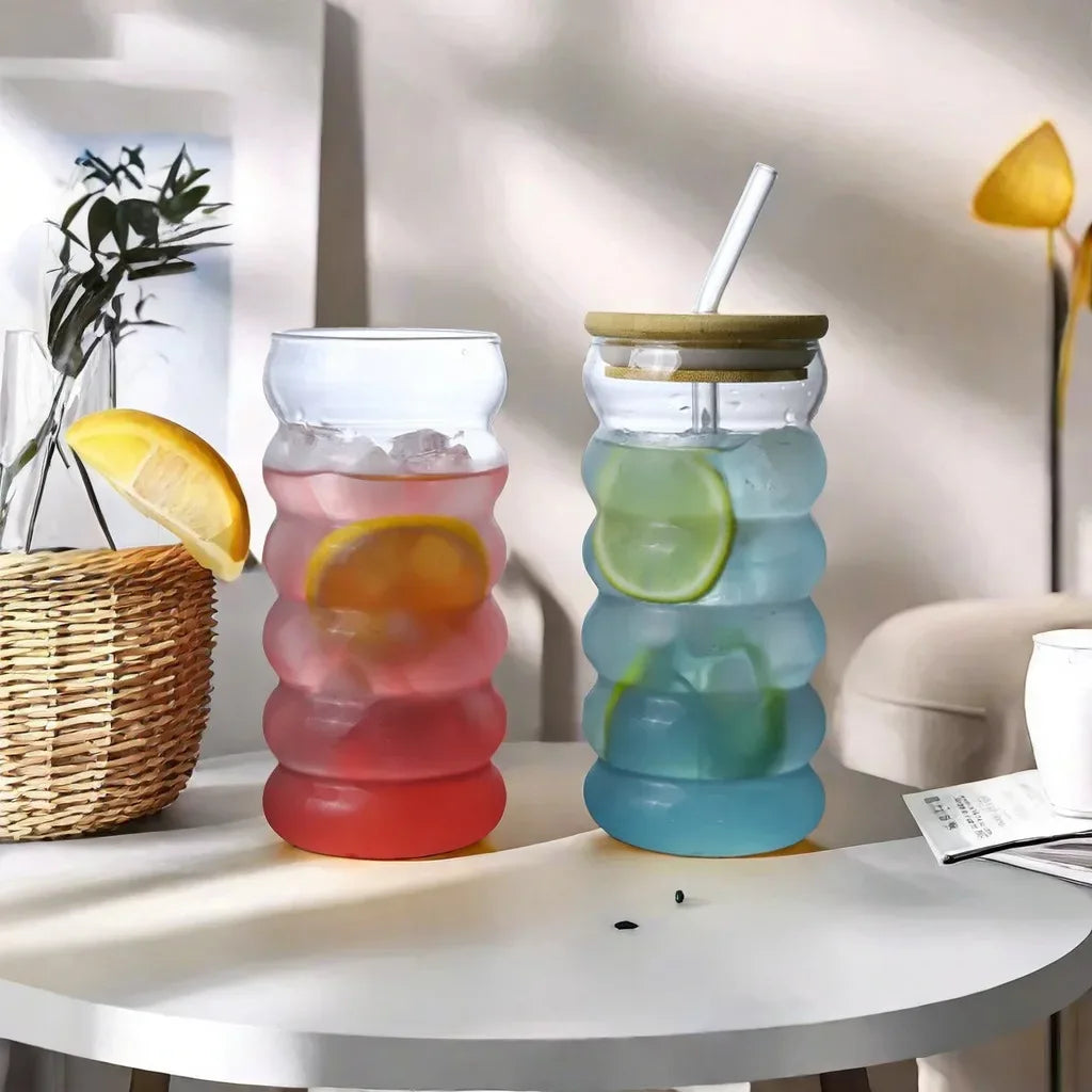 Clear Ripple Glass Cups with Straws – Juice & Cocktail Glasses