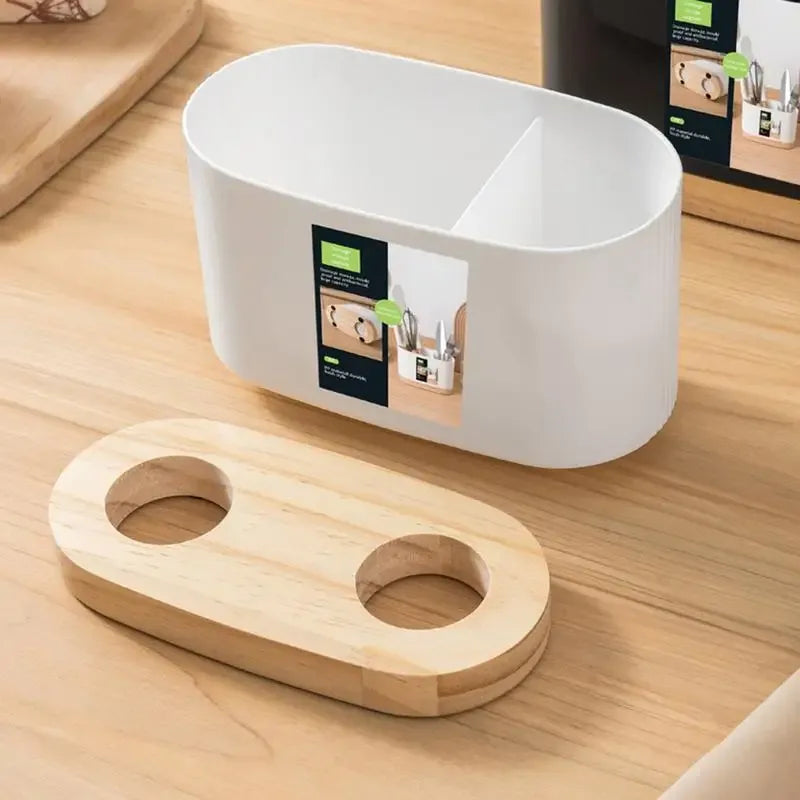 Kitchen Tableware Utensil Holder with Wooden Base – Cutlery Drainer