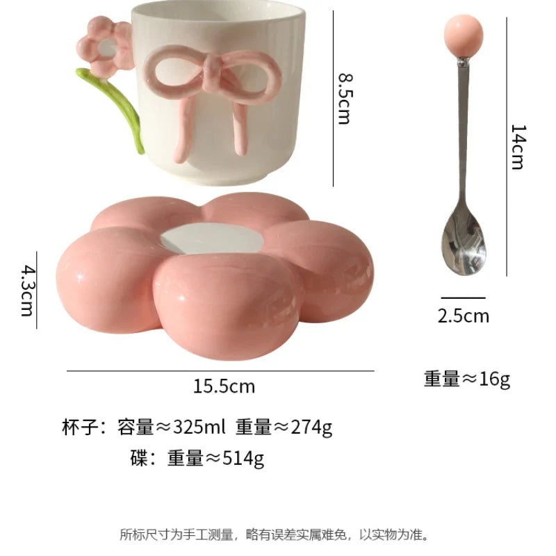 Aesthetic Ceramic Bow Mug Set - Trendy Coquette Coffee Cup Without Spoon (each)