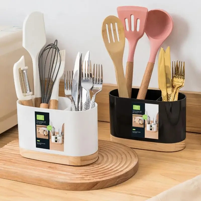 Kitchen Tableware Utensil Holder with Wooden Base – Cutlery Drainer