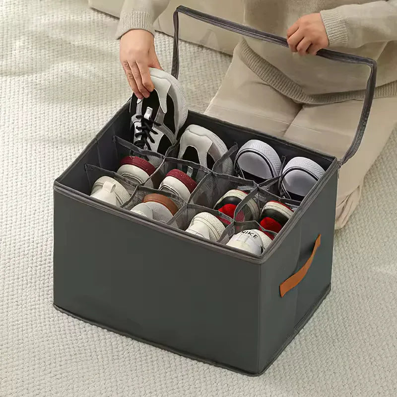 12-Compartment Foldable Shoe Storage Box – Dustproof Closet Organizer with Clear Lid