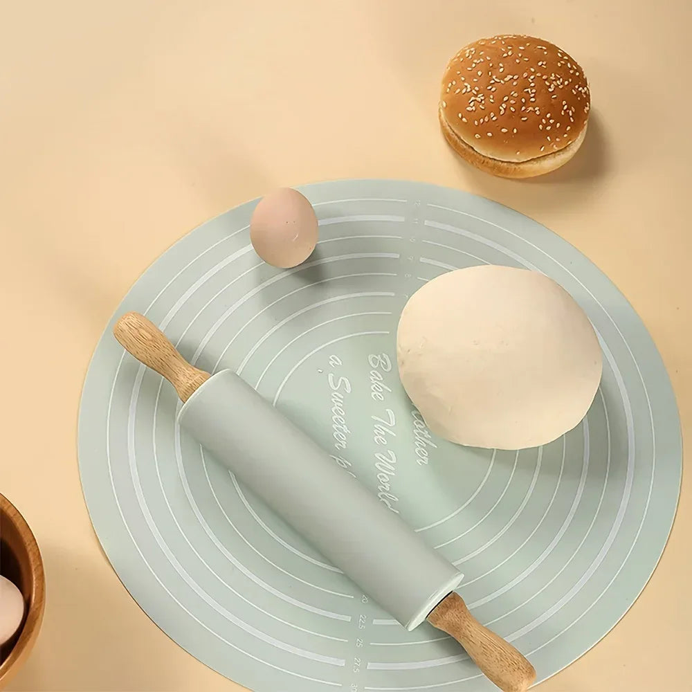 Wooden Rolling Silicone Pin & Baking Mat Set