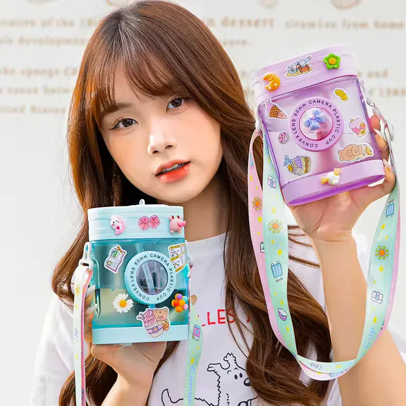 400ml Camera-Shaped Water Bottle – Kawaii Straw Bottle with Strap