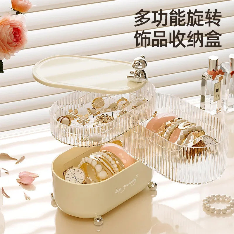 Light Luxury Rotating Storage Box – Dust-Proof Desktop Organizer for Jewelry & Cosmetics