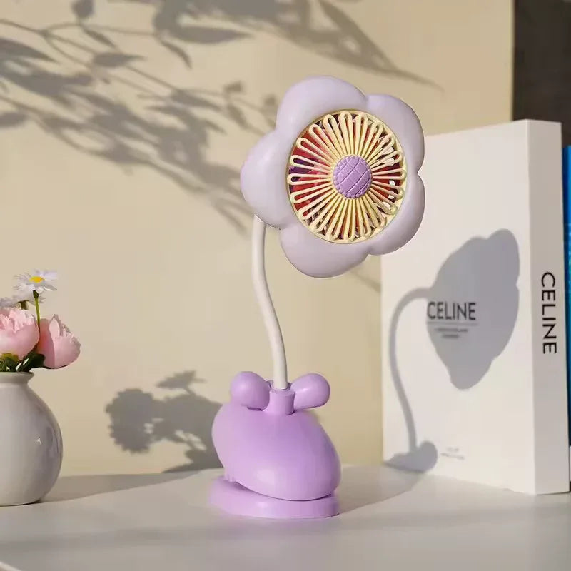 USB Rechargeable Flower Clip-on Fan – 360° Rotation with LED (Random Color)