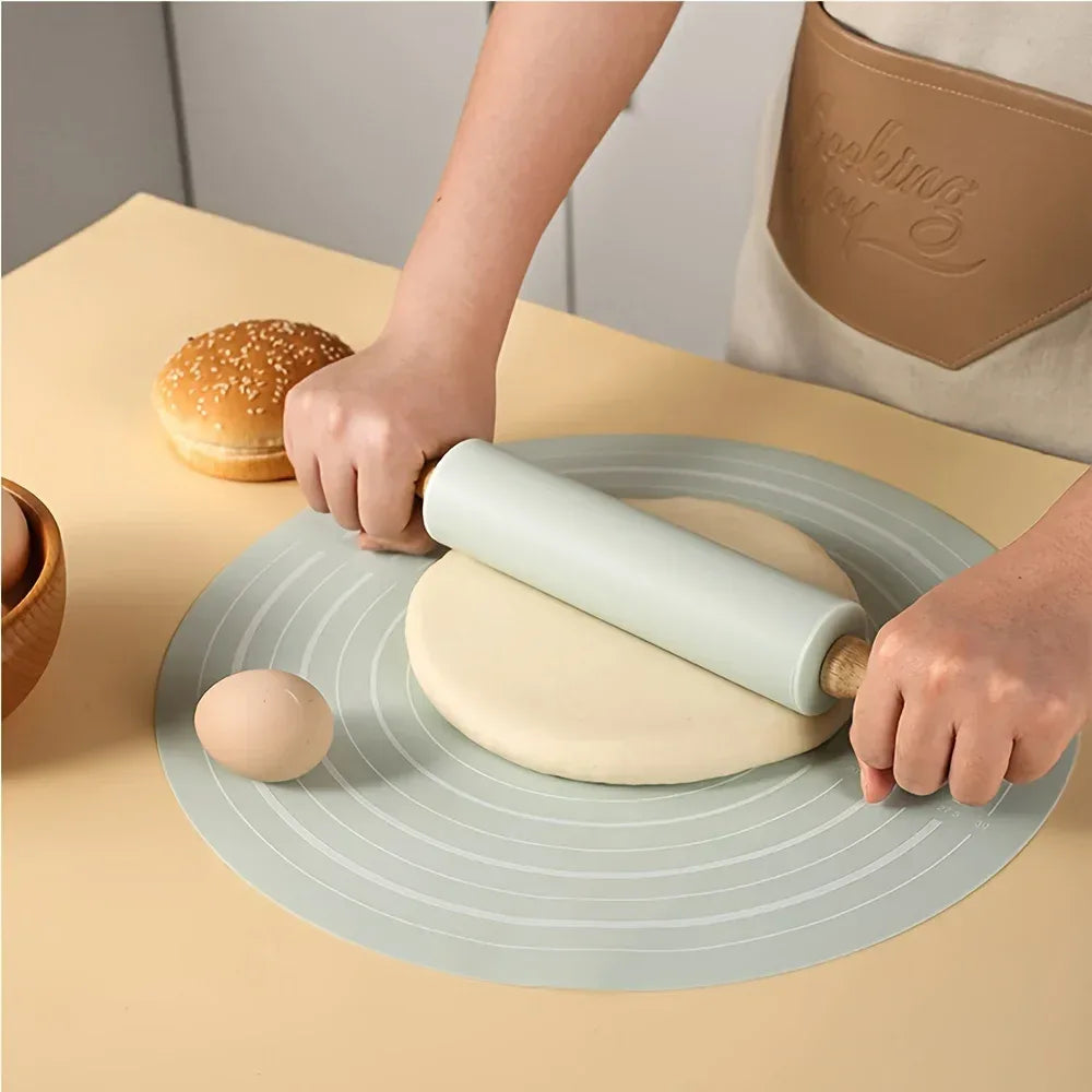 Wooden Rolling Silicone Pin & Baking Mat Set