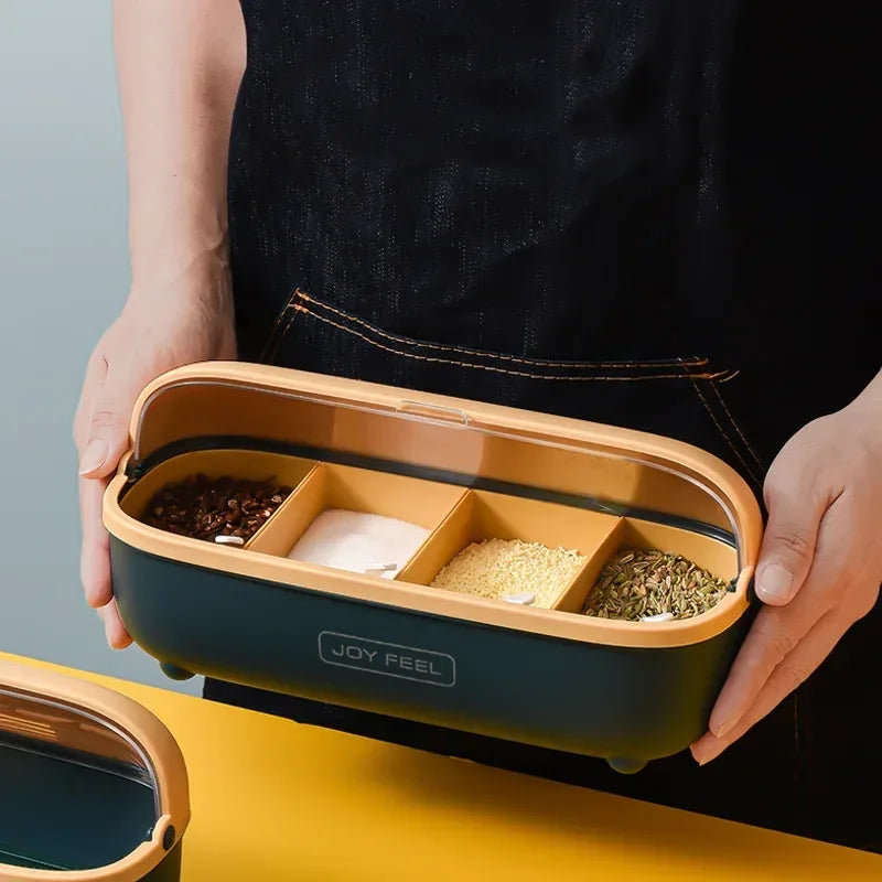 4-Compartment Spice Rack with Lid – Kitchen Seasoning Box with Spoons