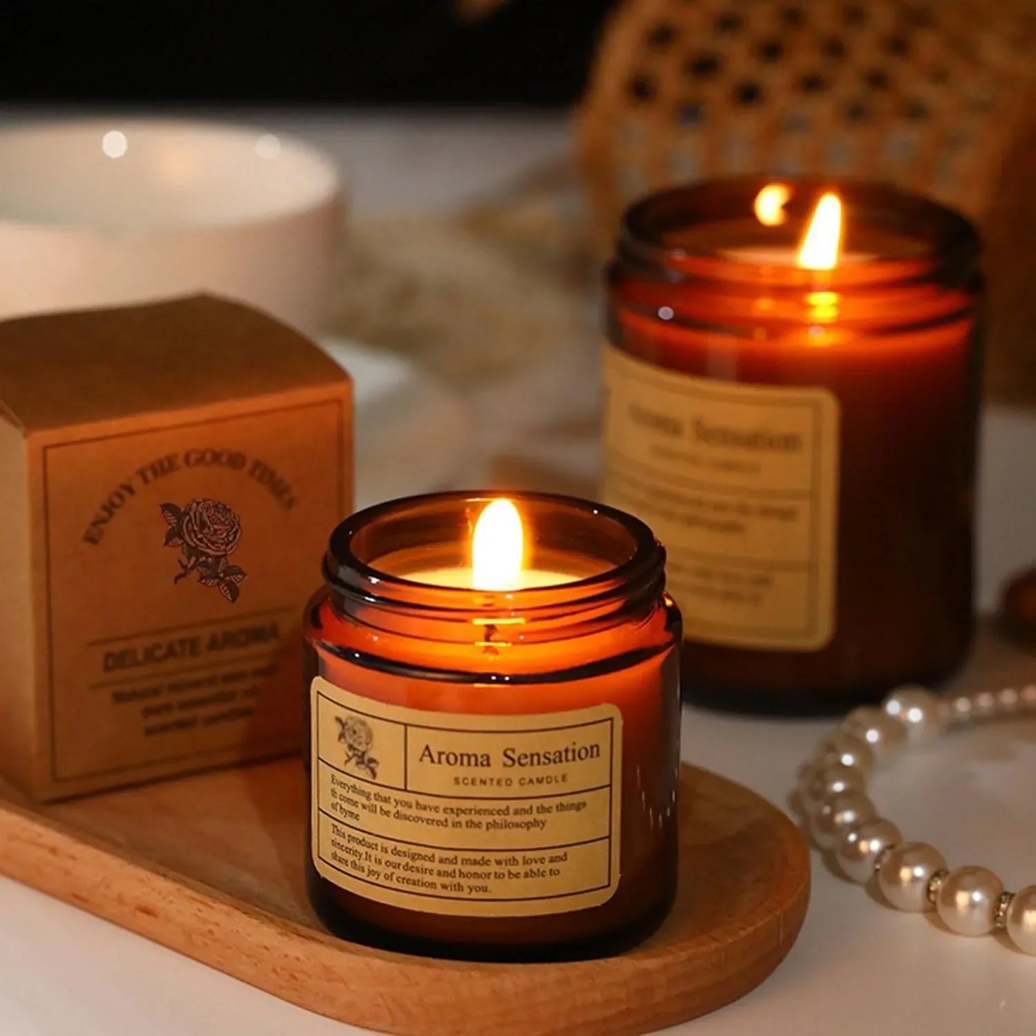 Amber Glass Scented Candle – Handmade Smokeless Vintage Décor