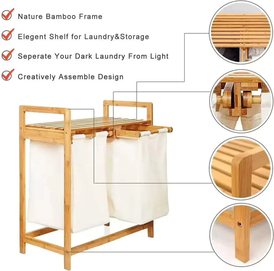 Dual Compartment Bamboo Laundry Basket with Fabric Bags