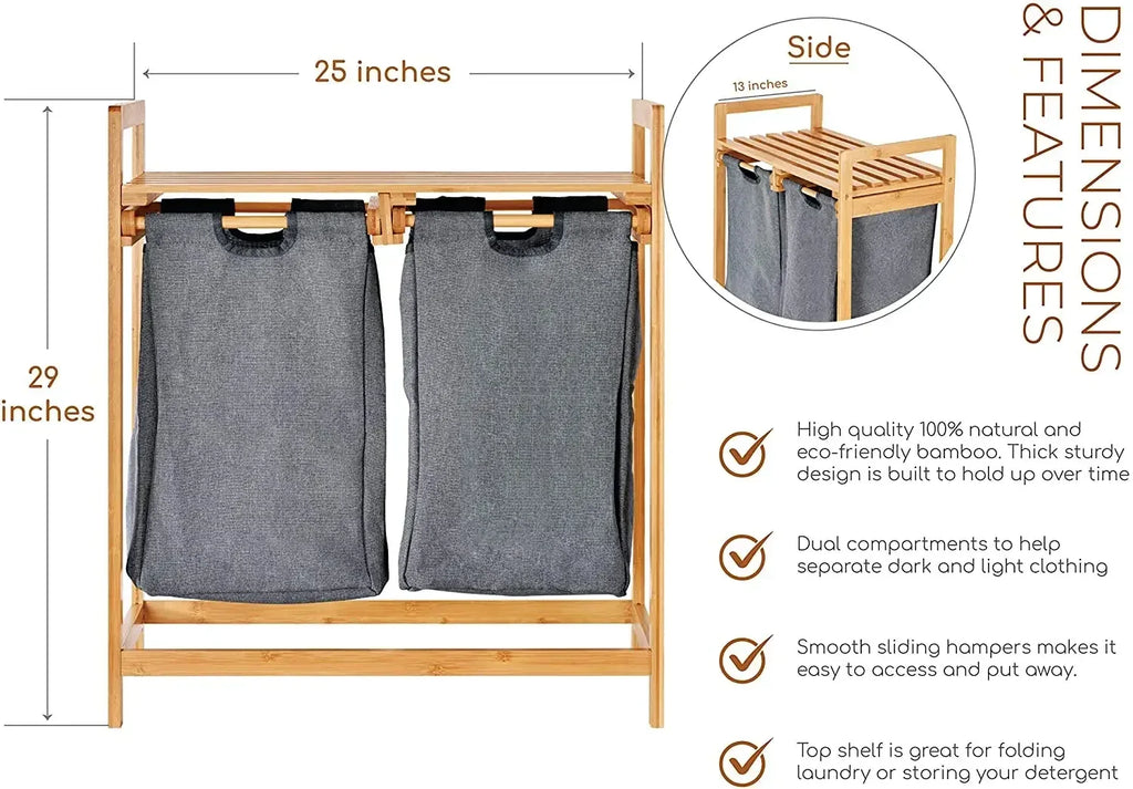 Bamboo Laundry Hamper with Dual Compartments & Removable Bags