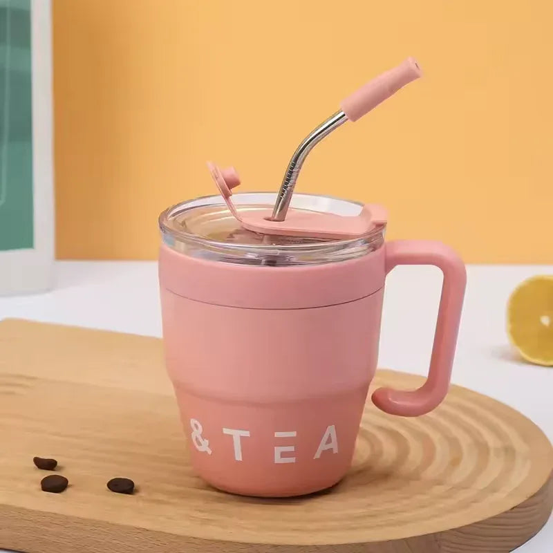 Stainless Steel Straw Lid Bottle 480ml – Hot & Cold Thermos (Random Color)