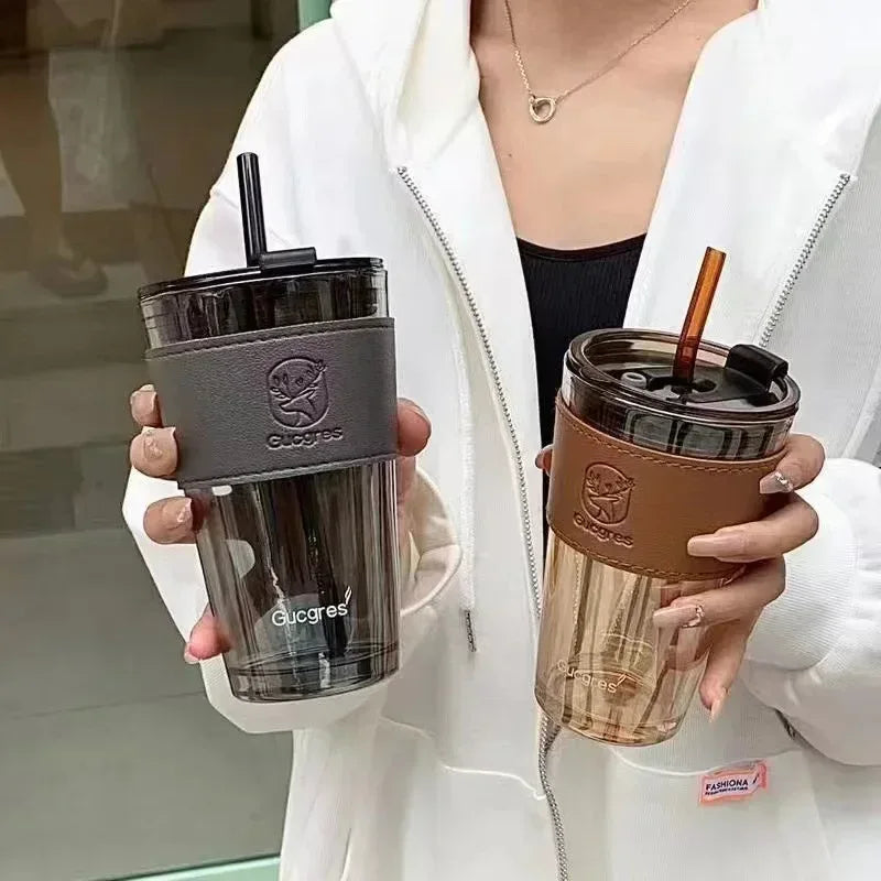 Glass Water Cup with Straw & Leather Handle Sleeve – High Aesthetic Coffee Mug (Random Color)