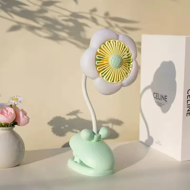 USB Rechargeable Flower Clip-on Fan – 360° Rotation with LED (Random Color)