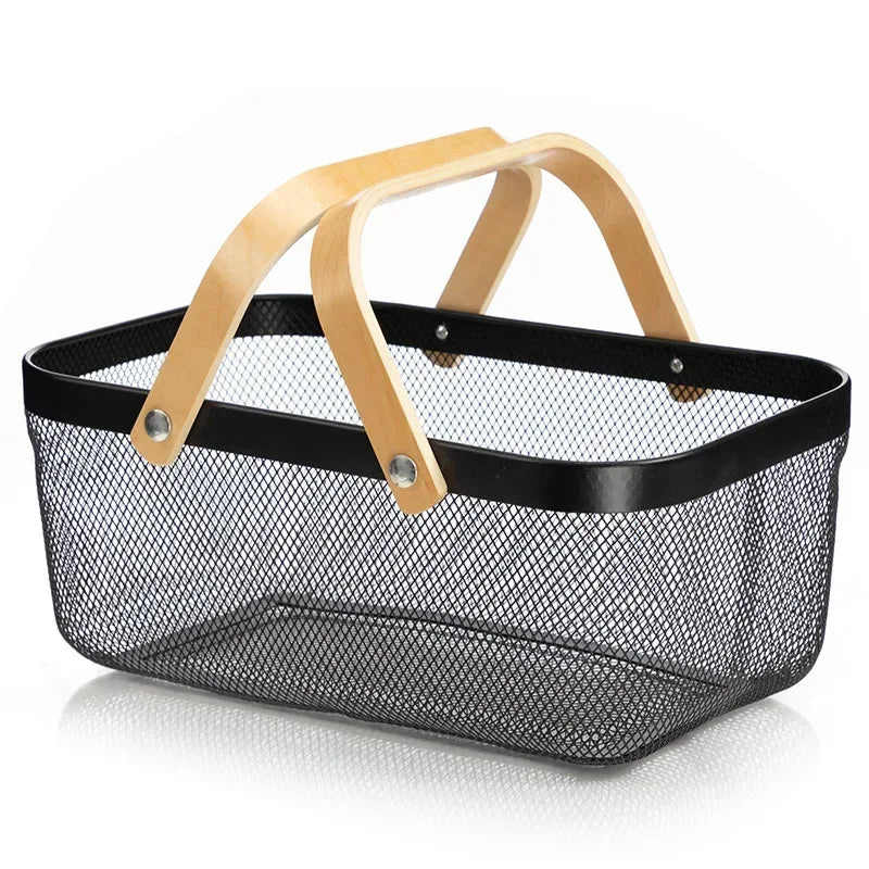 Nordic Metal Rectangular Basket – Wooden Handle