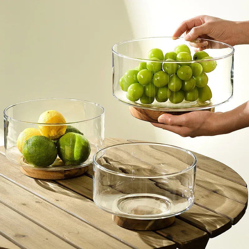 Japanese Style Glass Fruit Plate Holder with Wood Base