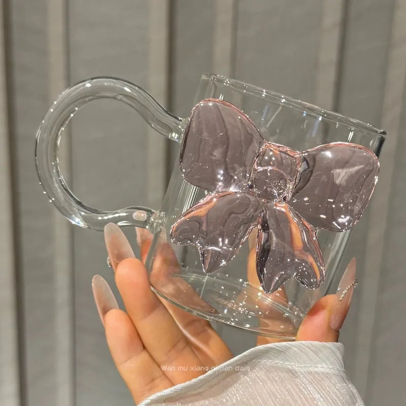 Luxury 3D Pink Bow Glass Mug With Handle - Elegant Coquette-Style Coffee & Tea Cup