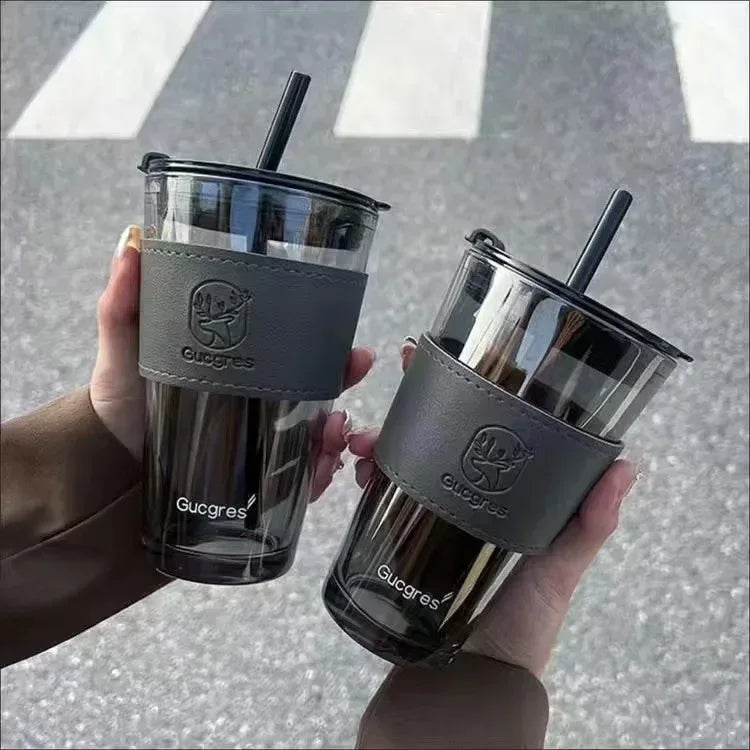 Glass Water Cup with Straw & Leather Handle Sleeve – High Aesthetic Coffee Mug (Random Color)