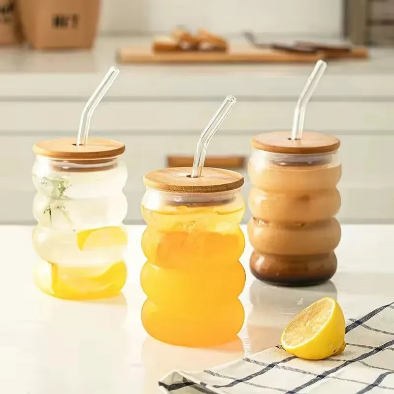Heat-Resistant Glass Cup with Lid & Straw – Wave Design