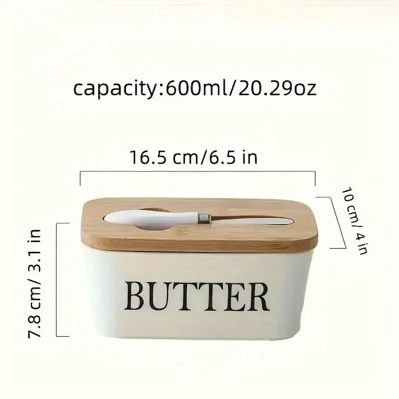 Ceramic Butter & Cheese Container with Wooden Lid