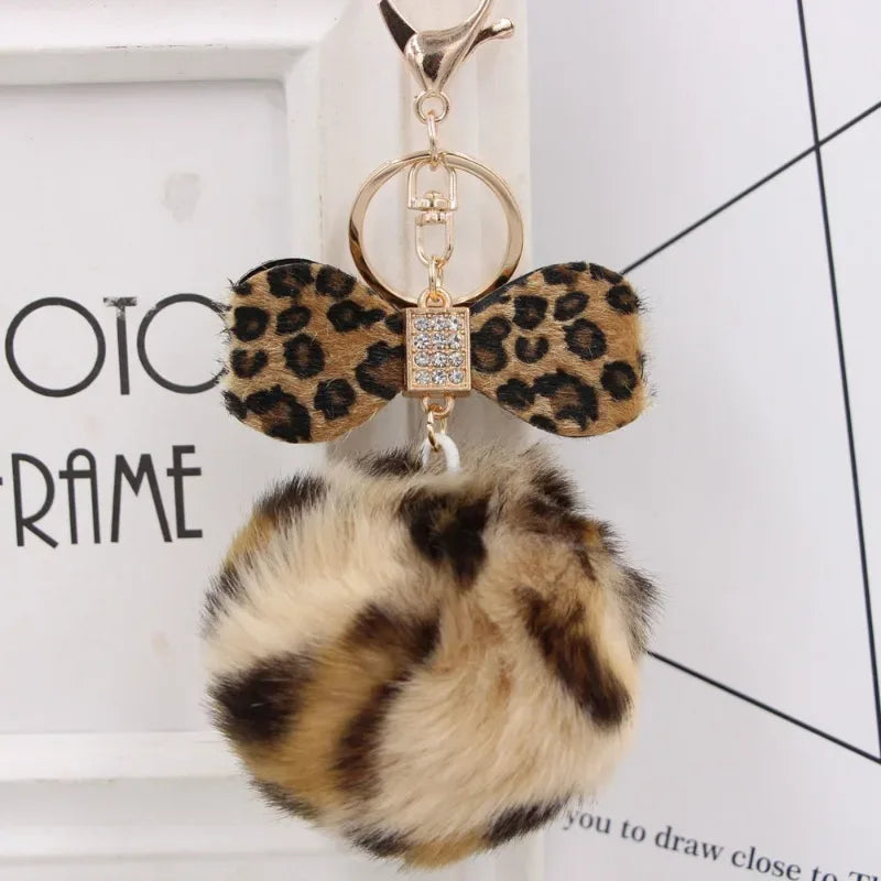 Leopard Bow Fur Ball Keychain – Luxury Fluffy Charm
